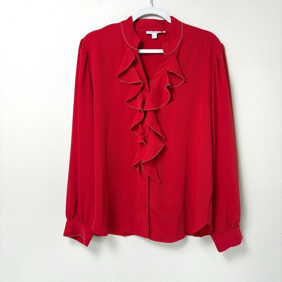 Chicos Ruffle Front Button Up Blouse Size 2 US 12 Red V Neck Sparkle Trim Top - Picture 2 of 12
